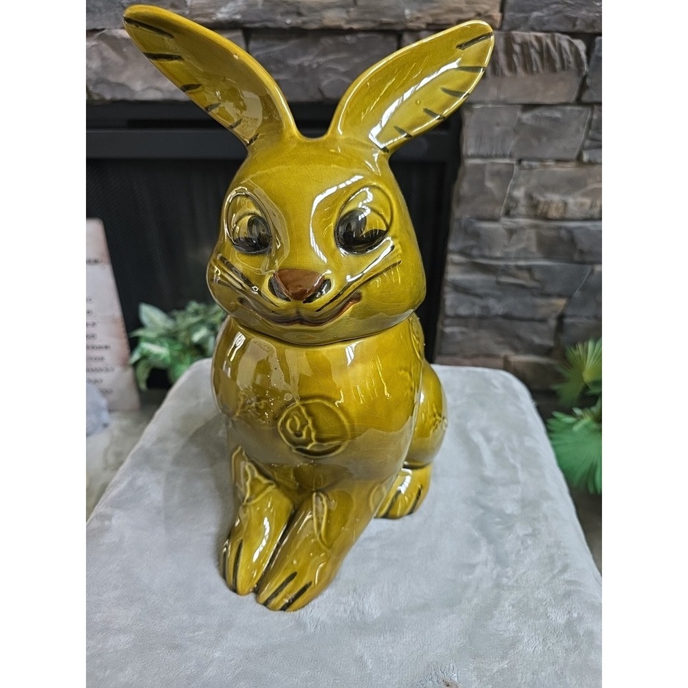 vintage Olive Green Rabbit shaped Cookie Jar by Doranne of California